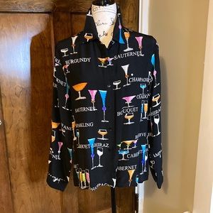 Boutique silk blouse with wine motif. Size Medium